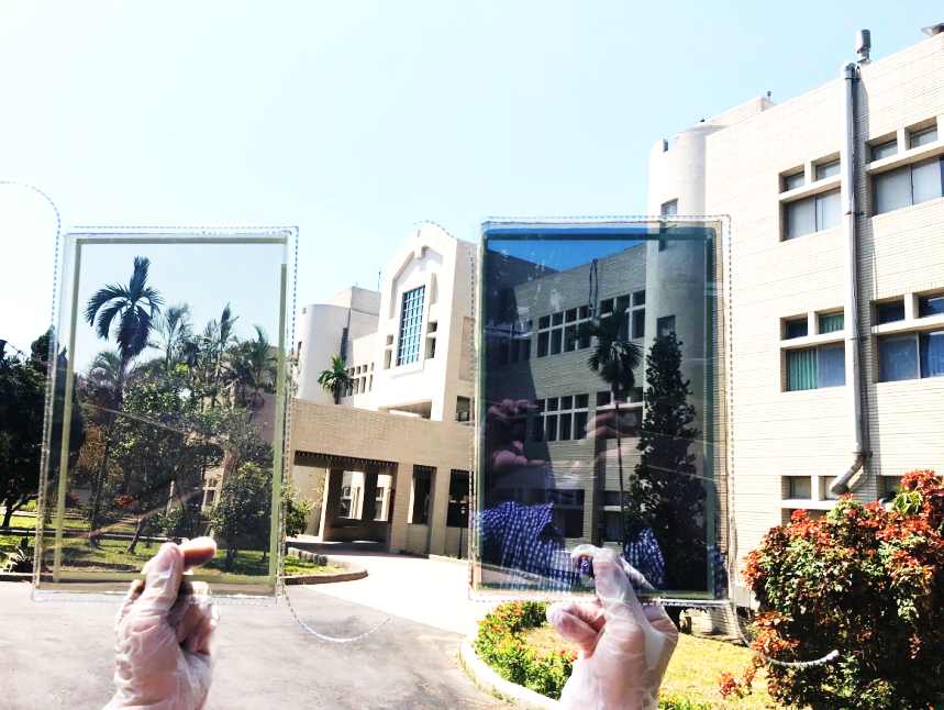 Electrochromic windows (20×30cm2). Left: un-tinted glass. Right: tinted glass. The percentage of variation rate of visible light is 50%
