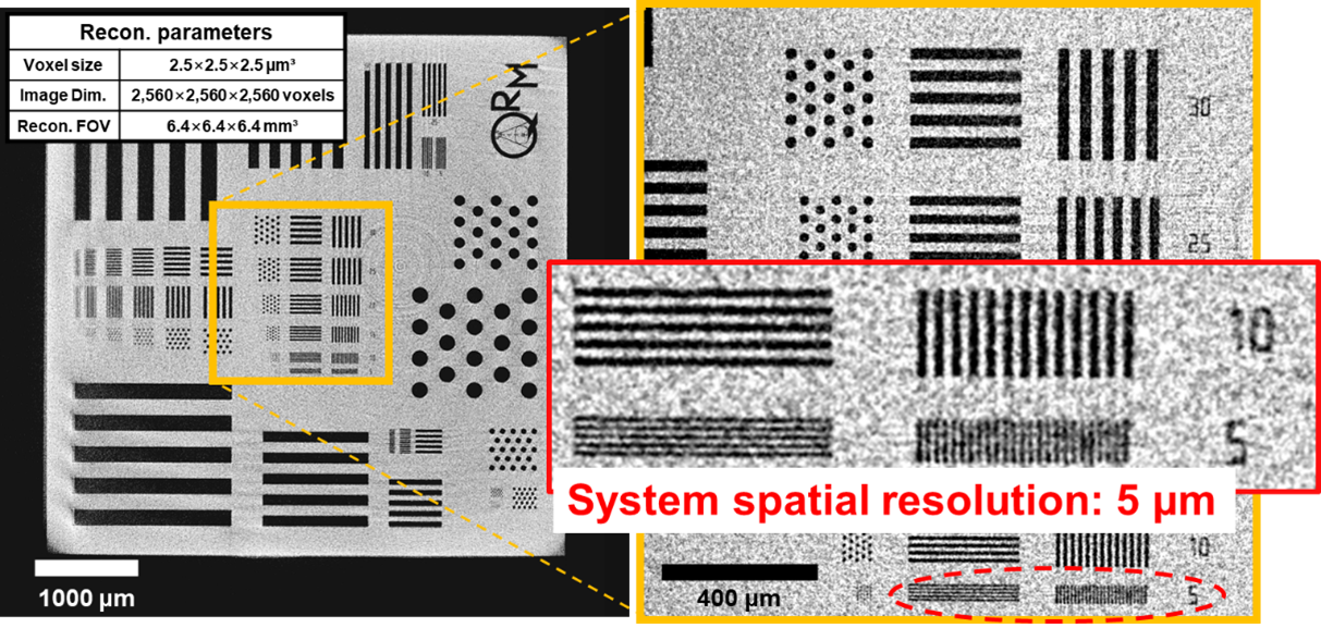 Figure 3. Micro-CT spatial resolution verification. Reconstructed images of a QRM test pattern demonstrate resolvable features down to 5 μm with a 2.5 μm isotropic voxel size, indicating an approximately 5 μm system spatial resolution.