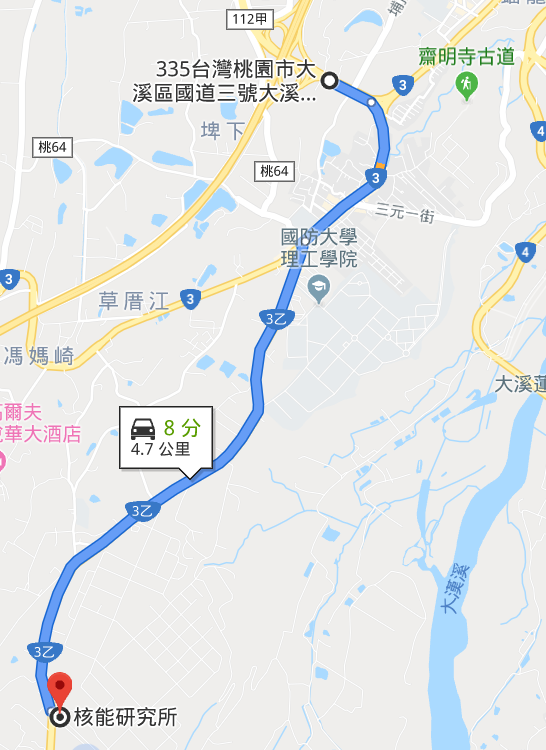 大溪交流道至核研所路線圖